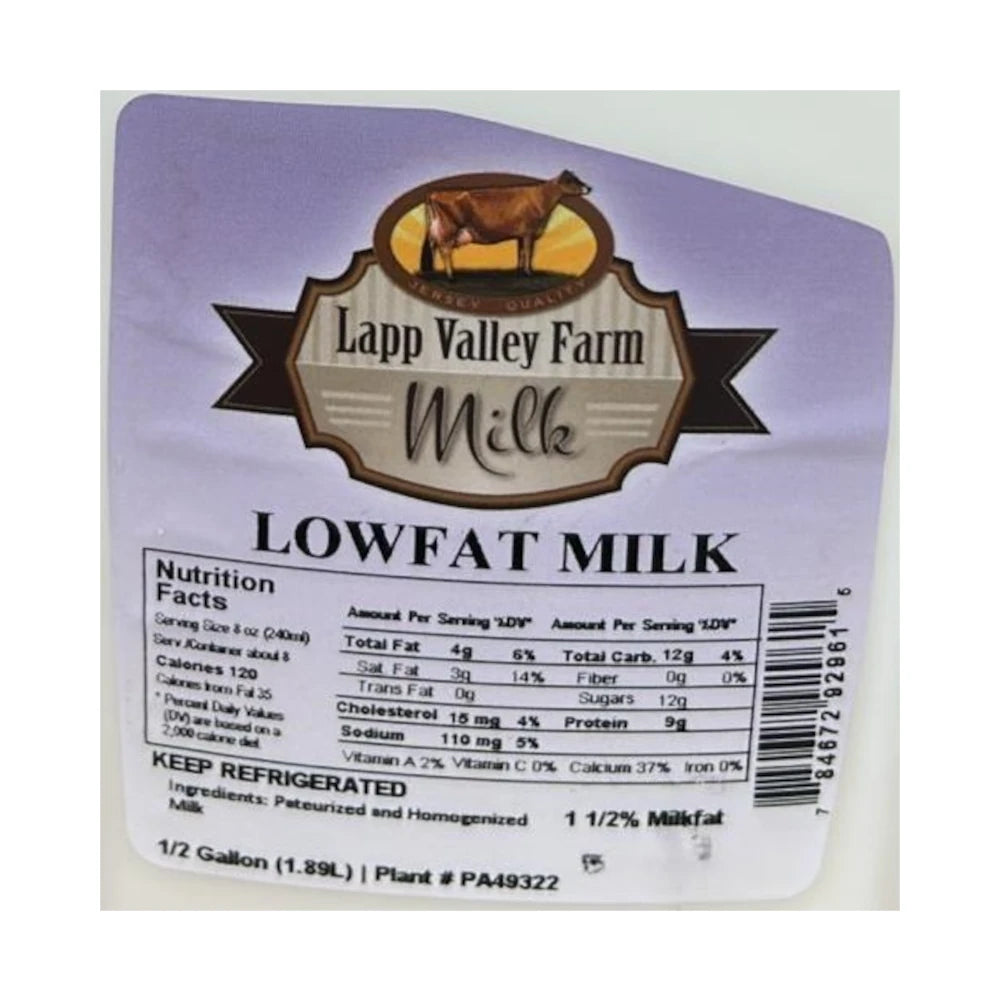 Lapp Valley Farm Low Fat Milk, 1/2 Gallon (1.89L)